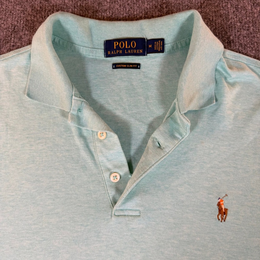 Polo Ralph Lauren Mens Custom Slim Fit Polo Shirt Aqua Blue Heather M #3916
